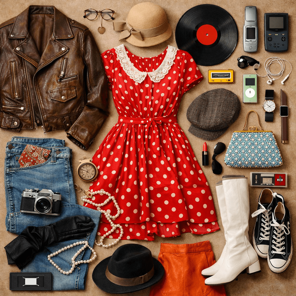 Vintage red polka dot dress with retro leather jacket and old gadgets laid out